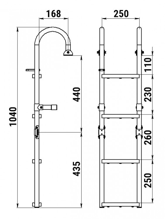 Трап складной с горизонтальным креплением, 4 ступени ироко (ширина 250мм.), арт. 040118T,          Техномарин 