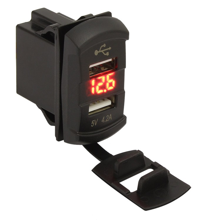 Зарядное гнездо USB под гнездо клавишного выключателя, двойное, с вольтметром, 12/24В, 5В/2,4 и 2,4А, арт. 10264238,  