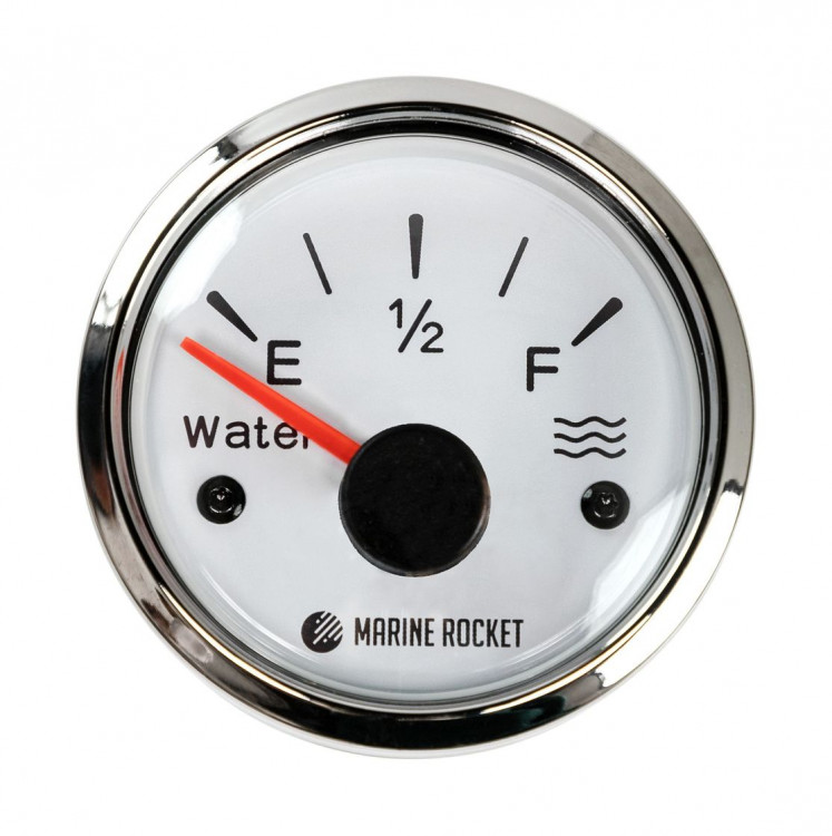 Указатель уровня пресной воды 0-190 Ом (ЕВРО), белый циферблат, нержавеющий ободок, д. 52 мм, арт. WLM0002WSMR,          MARINE ROCKET 