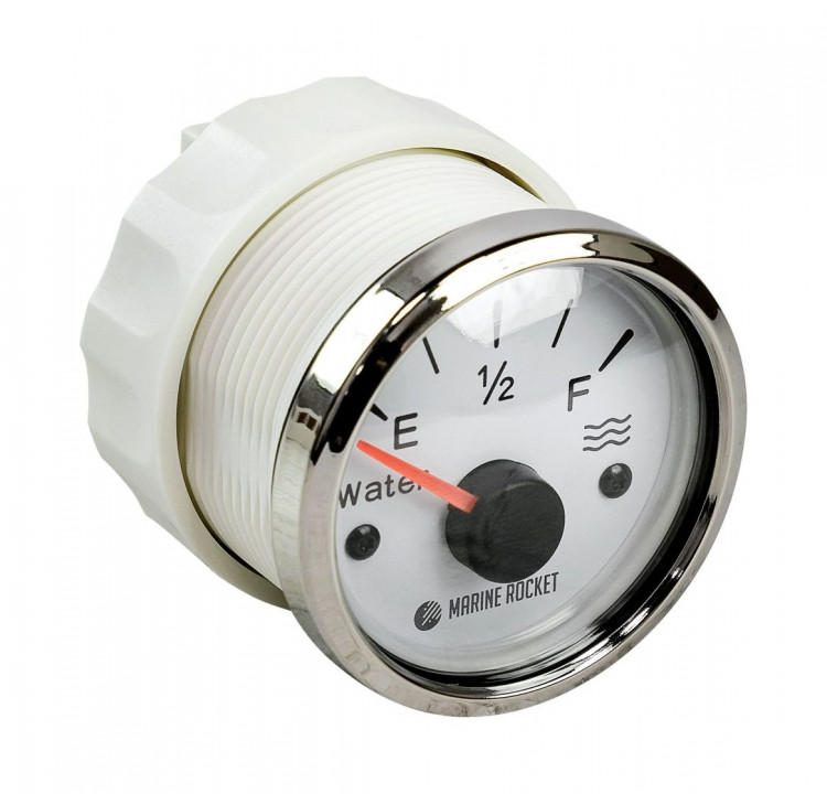 Указатель уровня пресной воды 0-190 Ом (ЕВРО), белый циферблат, нержавеющий ободок, д. 52 мм, арт. WLM0002WSMR,          MARINE ROCKET 