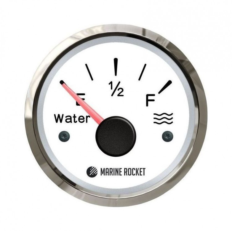Указатель уровня пресной воды 0-190 Ом (ЕВРО), белый циферблат, нержавеющий ободок, д. 52 мм, арт. WLM0002WSMR,          MARINE ROCKET 