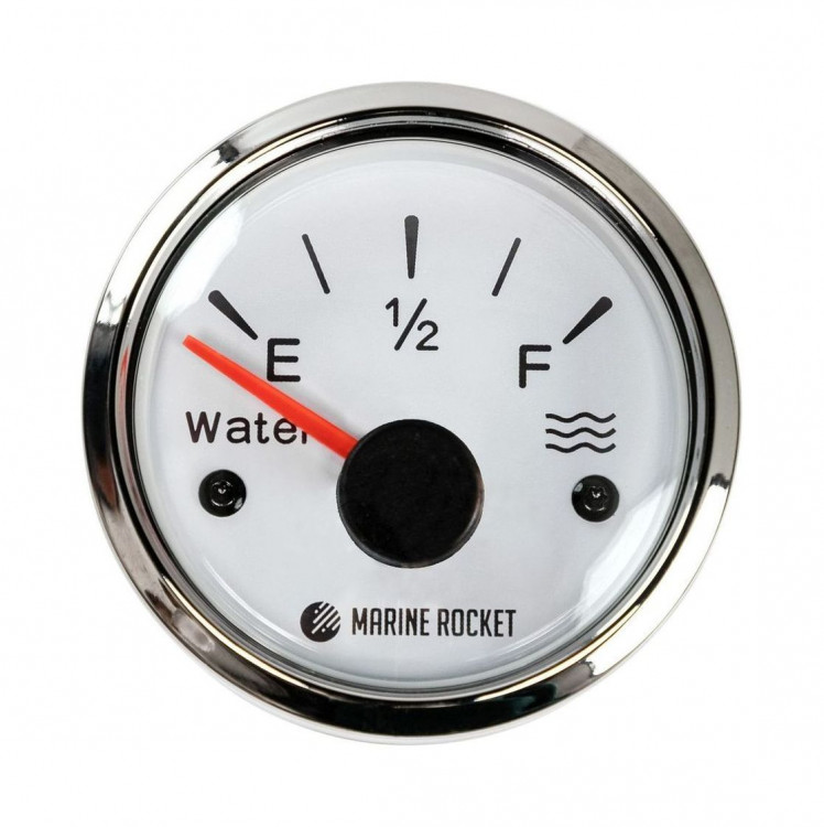 Указатель уровня пресной воды 0-190 Ом (ЕВРО), белый циферблат, нержавеющий ободок, д. 52 мм, арт. WLM0002WSMR,          MARINE ROCKET 