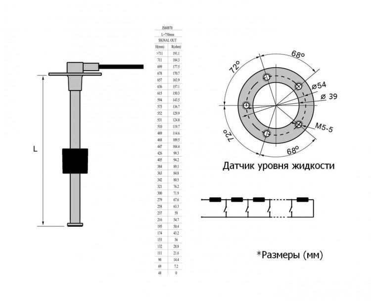 Датчик уровня 750 мм, 240-33 Ом, S5, арт. LS0750S5USMR,          MARINE ROCKET 