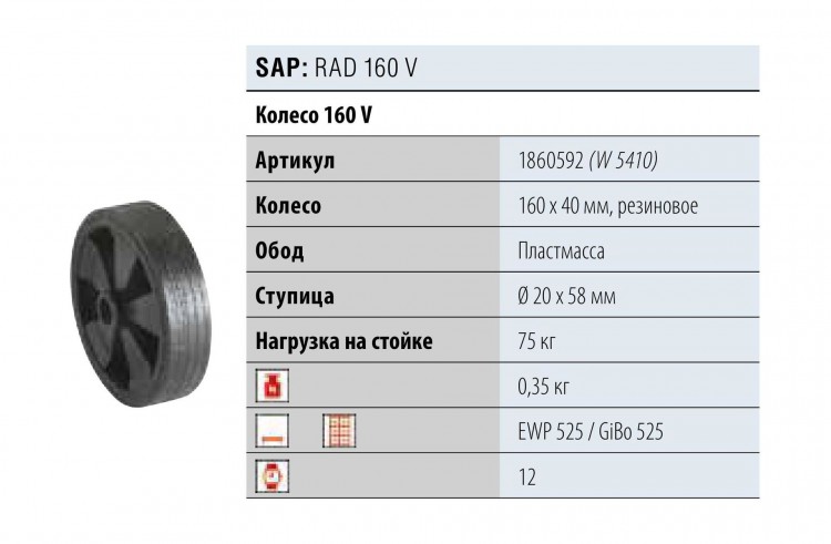 Колесо запасное для опорного колеса 160х40 WINTERHOFF, арт. 1860592,          WINTERHOFF 