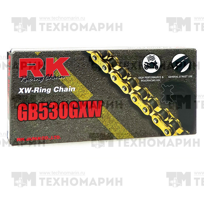 Цепь для мотоцикла до 1400 см³ (золотая, с сальниками XW-RING) GB530GXW-114, арт. GB530GXW-114,          RK Chains 
