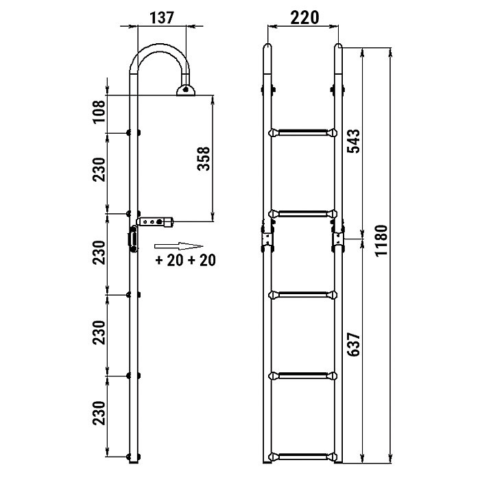 Трап складной с горизонтальным креплением, 5 серых ступени (ширина 220 мм.), арт. 040179GT,          Техномарин 