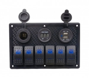Панель бортового питания 6 переключателей, USB зарядка, разъем прикуривателя, вольтметр