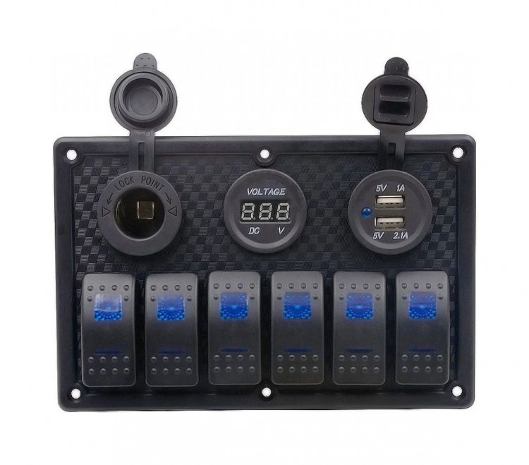 Панель бортового питания 6 переключателей, USB зарядка, разъем прикуривателя, вольтметр, арт. MR6H1P1U1V,          Marine Rocket 