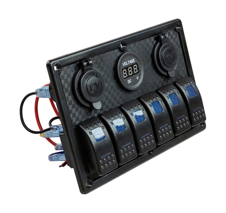 Панель бортового питания 6 переключателей, USB зарядка, разъем прикуривателя, вольтметр, арт. MR6H1P1U1V,          Marine Rocket 