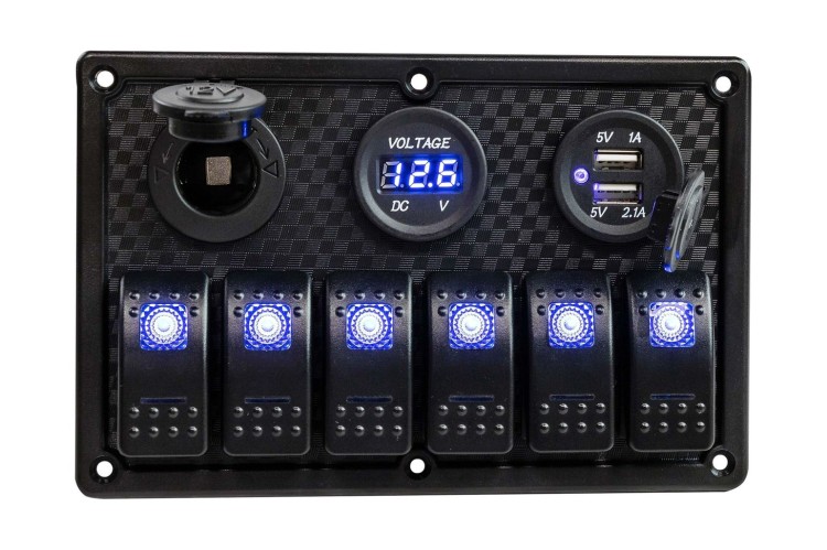 Панель бортового питания 6 переключателей, USB зарядка, разъем прикуривателя, вольтметр, арт. MR6H1P1U1V,          Marine Rocket 