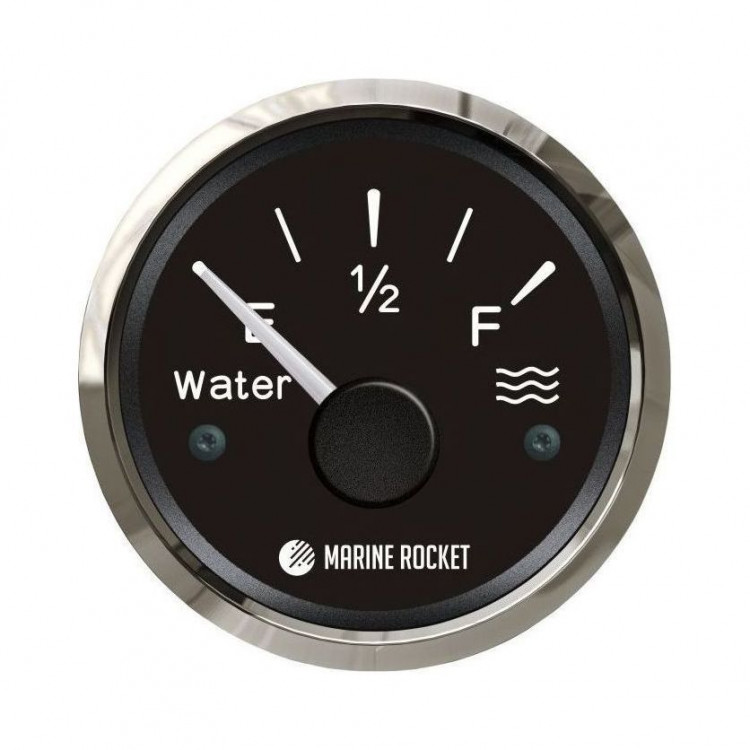 Указатель уровня пресной воды 0-190 Ом (ЕВРО), черный циферблат, нержавеющий ободок, д. 52 мм, арт. WLM0003BSMR,          MARINE ROCKET 