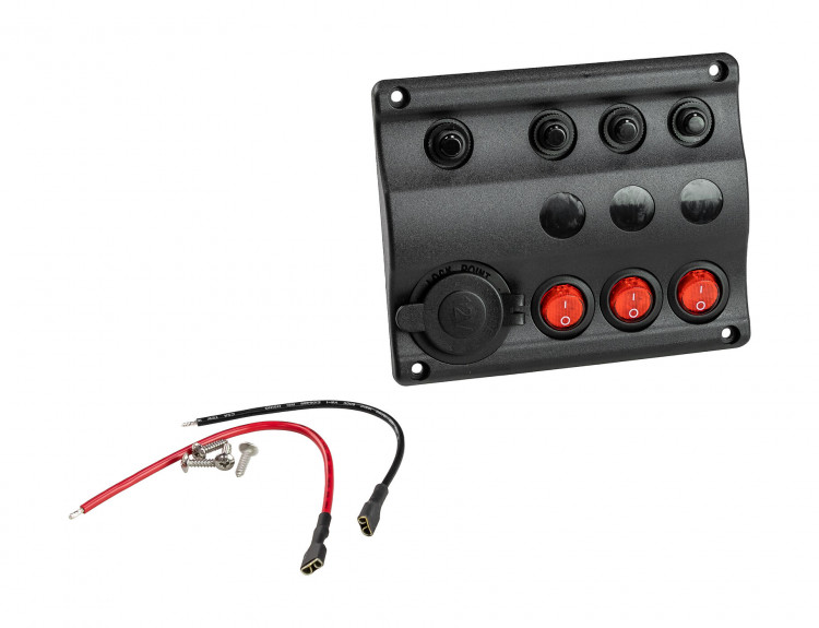 Панель бортового питания 3 переключателя, разъем прикуривателя, индикация, автоматы, арт. 10027-BK,          AAA  Панель бортового питания 3 переключателя, разъем прикуривателя, индикация, автоматы, арт. 10027-BK,          AAA