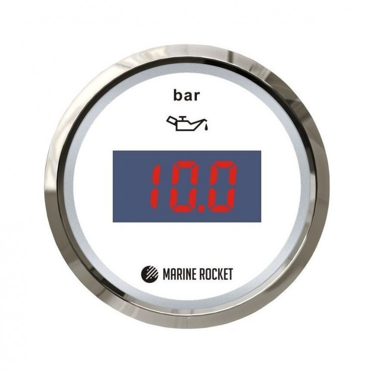 Указатель давления масла цифровой 0-5 бар, белый циферблат, нержавеющий ободок, д. 52 мм, арт. PGD0005WSMR,          Marine Rocket  Указатель давления масла цифровой 0-5 бар, белый циферблат, нержавеющий ободок, д. 52 мм, арт. PGD0005WSMR,          Marine Rocket