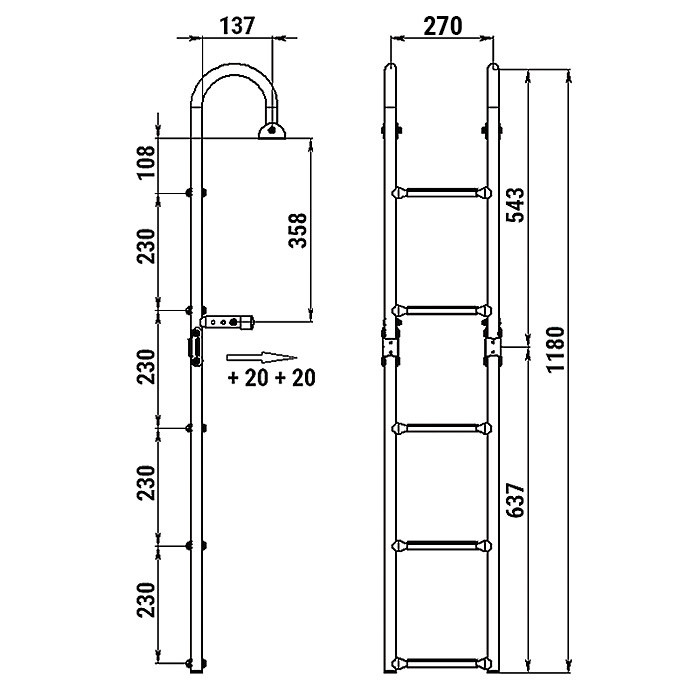 Трап складной с горизонтальным креплением, 5 черных ступени (ширина 270 мм.), арт. 040180BT,          Техномарин 