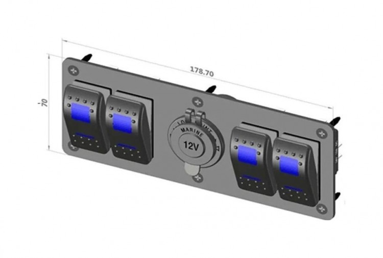 Панель бортового питания 4 переключателя, розетка питания, арт. MR4S1PL2,          MARINE ROCKET 