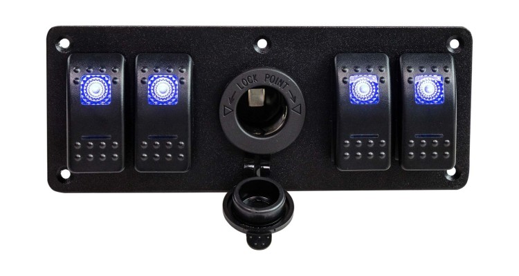 Панель бортового питания 4 переключателя, розетка питания, арт. MR4S1PL2,          MARINE ROCKET 