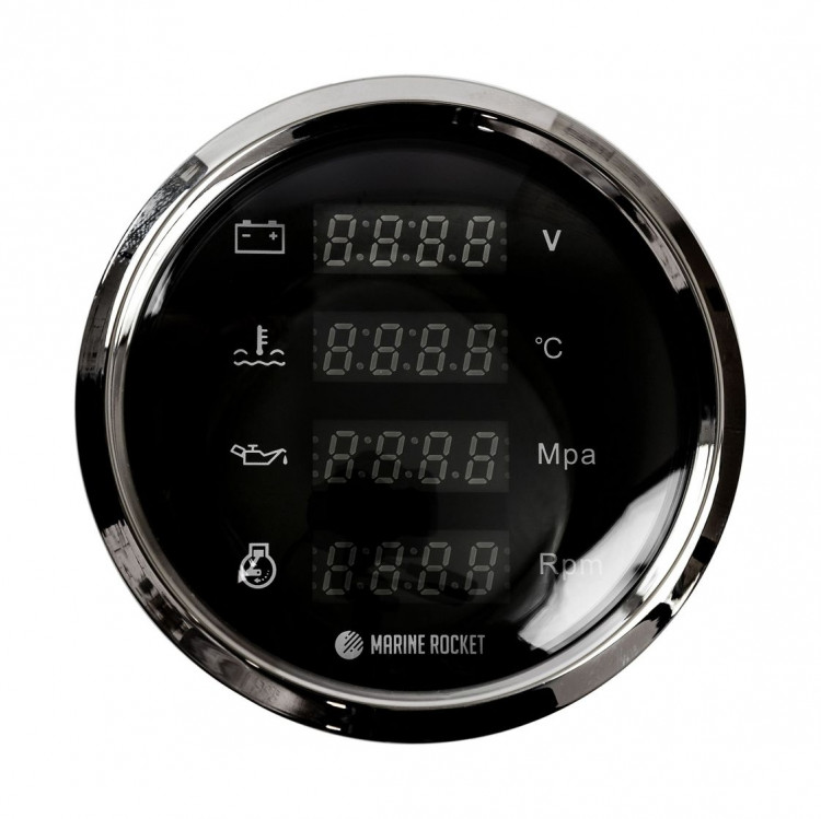 Прибор многофункциональный 4 в 1 (тахометр, вольтметр, давление, температура), черный циферблат, нержавеющий ободок, д. 110 мм, арт. MFG0001BSMR,          MARINE ROCKET 
