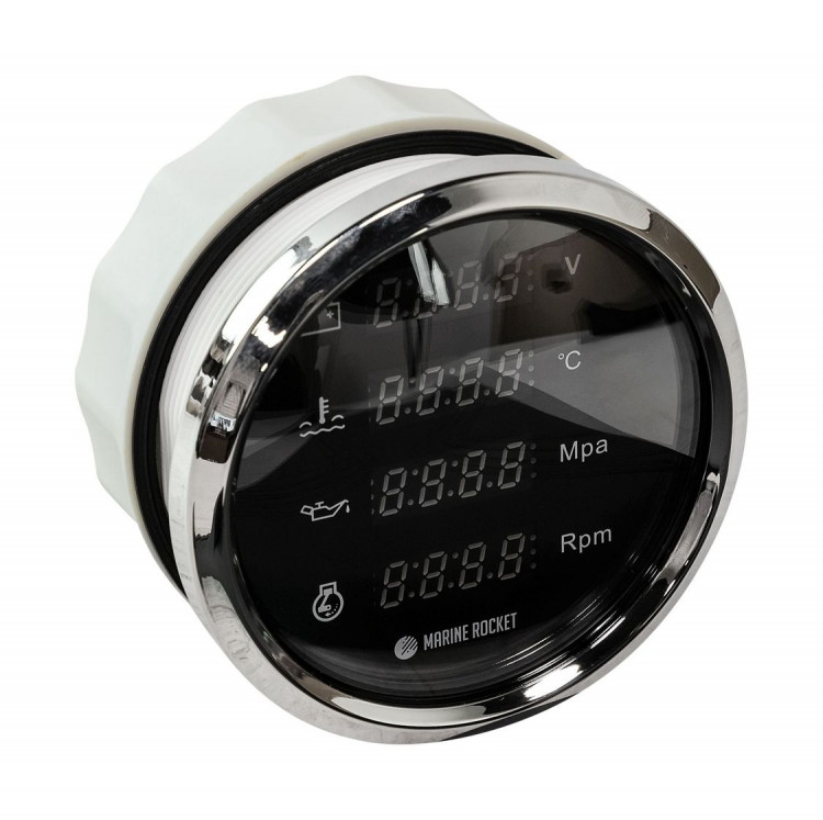 Прибор многофункциональный 4 в 1 (тахометр, вольтметр, давление, температура), черный циферблат, нержавеющий ободок, д. 110 мм, арт. MFG0001BSMR,          MARINE ROCKET 