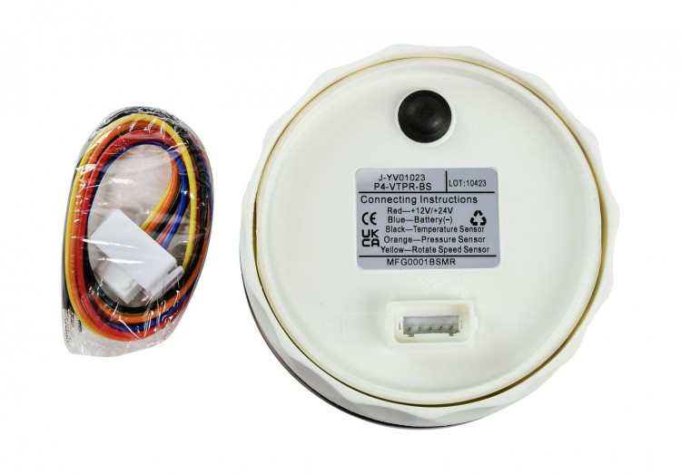 Прибор многофункциональный 4 в 1 (тахометр, вольтметр, давление, температура), черный циферблат, нержавеющий ободок, д. 110 мм, арт. MFG0001BSMR,          MARINE ROCKET 