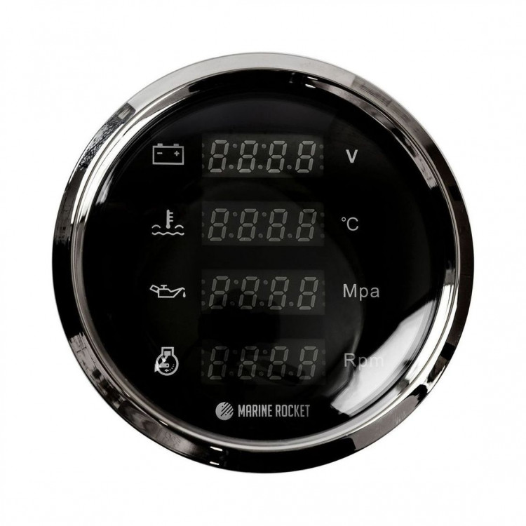 Прибор многофункциональный 4 в 1 (тахометр, вольтметр, давление, температура), черный циферблат, нержавеющий ободок, д. 110 мм, арт. MFG0001BSMR,          MARINE ROCKET 