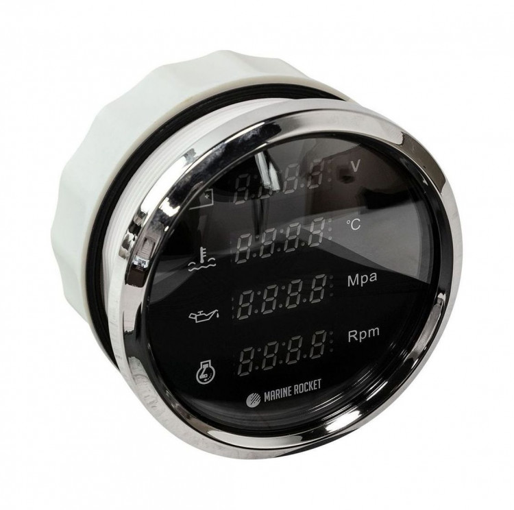 Прибор многофункциональный 4 в 1 (тахометр, вольтметр, давление, температура), черный циферблат, нержавеющий ободок, д. 110 мм, арт. MFG0001BSMR,          MARINE ROCKET 