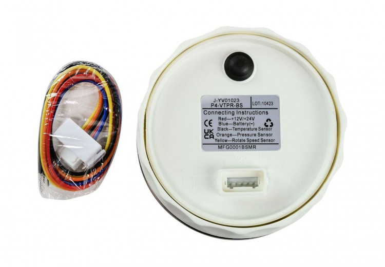 Прибор многофункциональный 4 в 1 (тахометр, вольтметр, давление, температура), черный циферблат, нержавеющий ободок, д. 110 мм, арт. MFG0001BSMR,          MARINE ROCKET 