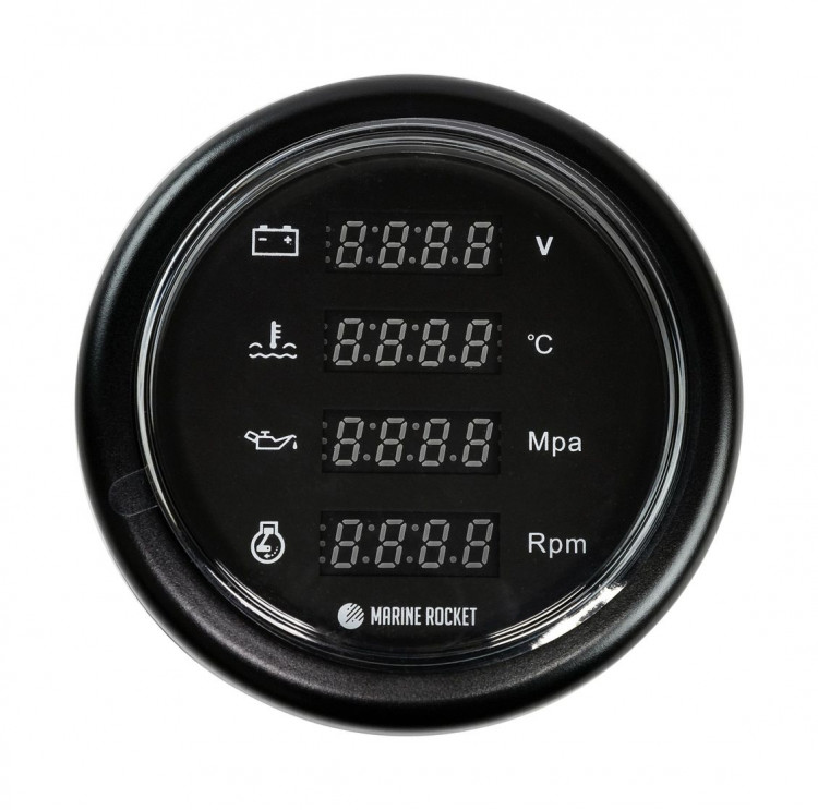 Прибор многофункциональный 4 в 1 (тахометр, вольтметр, давление, температура), черный циферблат, черный ободок, д. 110 мм, арт. MFG0002BBMR,          MARINE ROCKET 