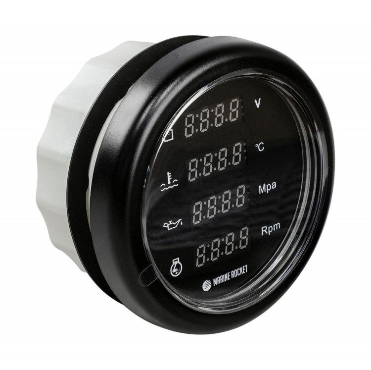 Прибор многофункциональный 4 в 1 (тахометр, вольтметр, давление, температура), черный циферблат, черный ободок, д. 110 мм, арт. MFG0002BBMR,          MARINE ROCKET 