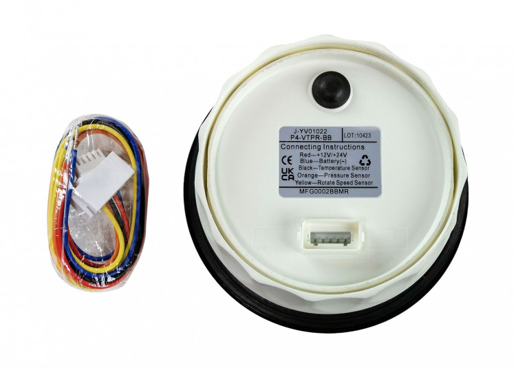 Прибор многофункциональный 4 в 1 (тахометр, вольтметр, давление, температура), черный циферблат, черный ободок, д. 110 мм, арт. MFG0002BBMR,          MARINE ROCKET 