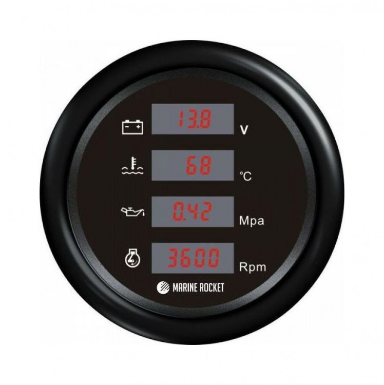Прибор многофункциональный 4 в 1 (тахометр, вольтметр, давление, температура), черный циферблат, черный ободок, д. 110 мм, арт. MFG0002BBMR,          MARINE ROCKET 