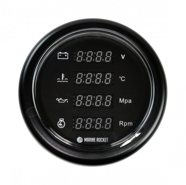 Прибор многофункциональный 4 в 1 (тахометр, вольтметр, давление, температура), черный циферблат, черный ободок, д. 110 мм, арт. MFG0002BBMR,          MARINE ROCKET 