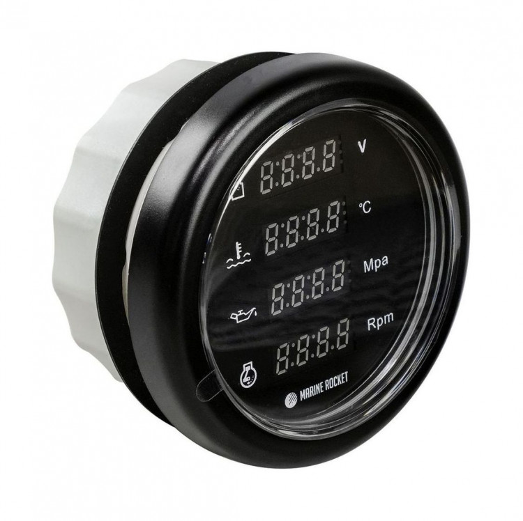 Прибор многофункциональный 4 в 1 (тахометр, вольтметр, давление, температура), черный циферблат, черный ободок, д. 110 мм, арт. MFG0002BBMR,          MARINE ROCKET 