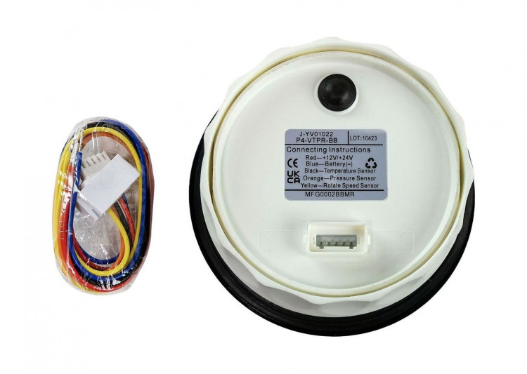 Прибор многофункциональный 4 в 1 (тахометр, вольтметр, давление, температура), черный циферблат, черный ободок, д. 110 мм, арт. MFG0002BBMR,          MARINE ROCKET 