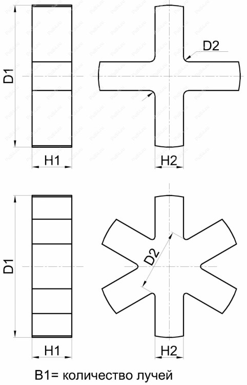 Вставка упругой муфты эластичная (звездочка) 65,5*28,8*14,5,M92/красный,без отверстия, 6 лучей прямоугольной формы,  33-01-1504-poly , арт. 33-01-1504-poly,          Полиуретан 