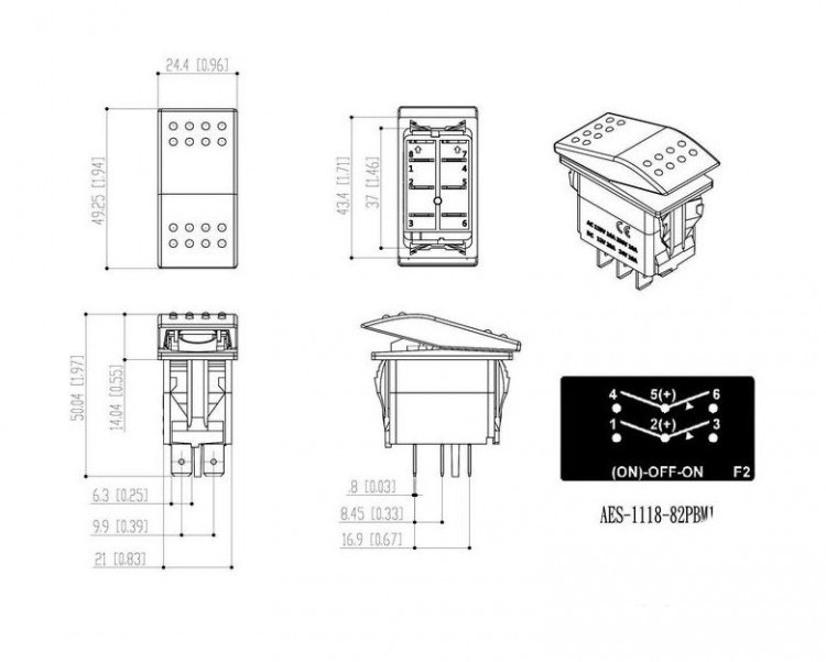 Переключатель трехпозиционный (ON)-OFF-ON 12 В/20А 6Р без фиксации 1 положения, арт. AES111882PBM1,          AES.Co 