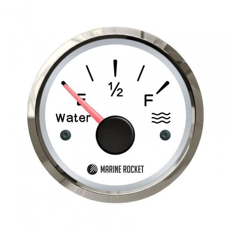 Указатель уровня пресной воды 240-33 Ом (US), белый циферблат, нержавеющий ободок, д. 52 мм, арт. WLM0005WSMR,          MARINE ROCKET 