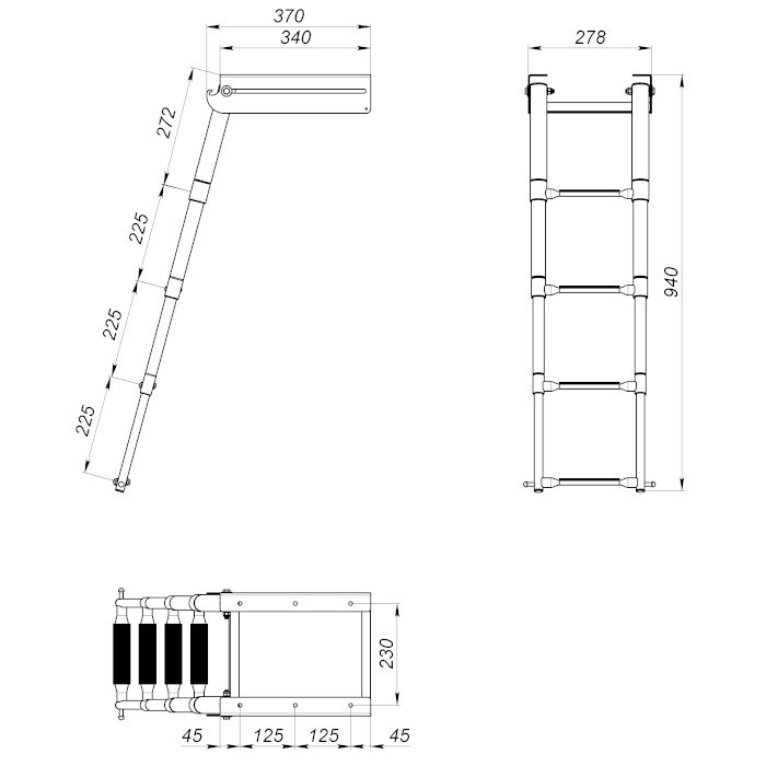 Трап телескопический выдвижной с фиксатором, 4 серая ступени (ширина 278 мм.), арт. 040132GT,          Техномарин 
