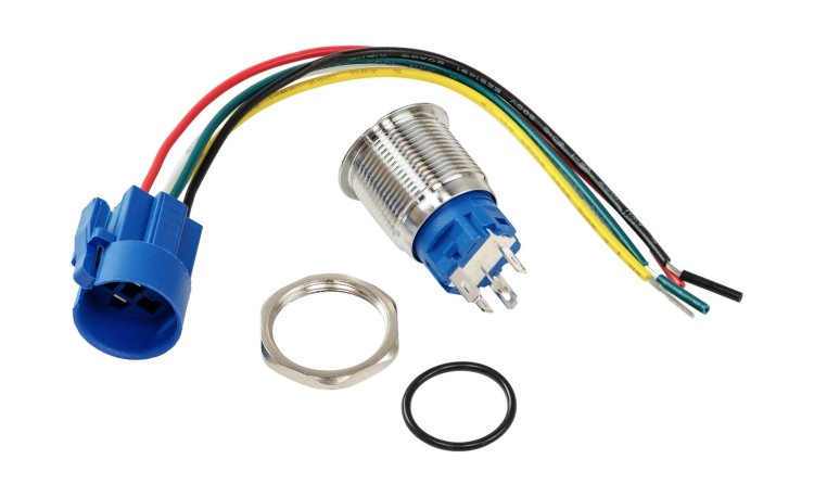 Кнопка без фиксации в комплекте с контактным разъемом, 12/24 В 5А, OFF-(ON) 5P, D16 белая подсветка, арт. MR503KW,          Marine Rocket 