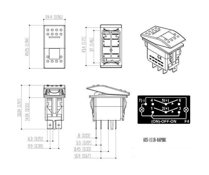 Переключатель трехпозиционный (ON)-OFF-ON 12 В/20А 7Р с подсветкой без фиксации 1 положения, арт. AES111884PBM1,          AES.Co 
