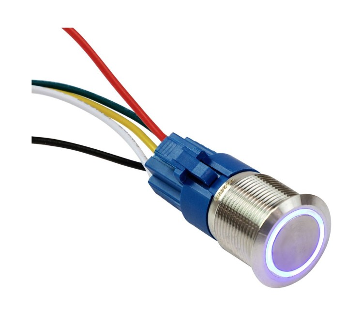 Кнопка без фиксации в комплекте с контактным разъемом, 12/24 В 5А, OFF-(ON) 5P, D16 синяя подсветка, арт. MR503KB,          Marine Rocket 