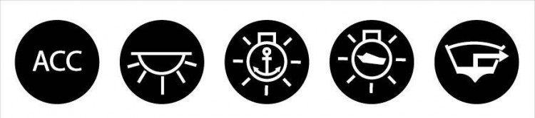 Кнопка с фиксацией, подсветка белая, наклейки, 12 В, 20А, 19мм, арт. PB4511TLW,          Yih Sean  Кнопка с фиксацией, подсветка белая, наклейки, 12 В, 20А, 19мм, арт. PB4511TLW,          Yih Sean