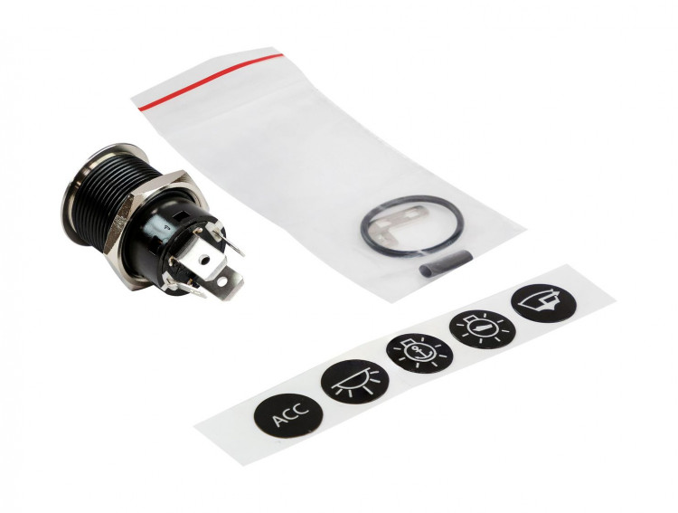 Кнопка с фиксацией, подсветка белая, наклейки, 12 В, 20А, 19мм, арт. PB4511TLW,          Yih Sean  Кнопка с фиксацией, подсветка белая, наклейки, 12 В, 20А, 19мм, арт. PB4511TLW,          Yih Sean