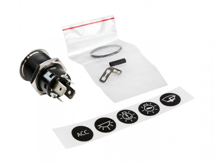 Кнопка без фиксации, подсветка белая, наклейки, 12 В, 20А, 19мм, арт. PB4511TW,          Yih Sean  Кнопка без фиксации, подсветка белая, наклейки, 12 В, 20А, 19мм, арт. PB4511TW,          Yih Sean