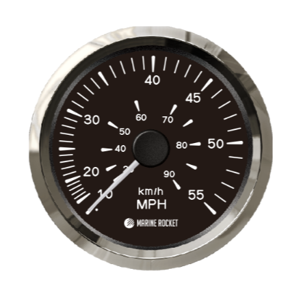 Спидометр манометрический 0-55 MPH, черный циферблат, нержавеющий ободок, д. 85 мм, Marine Rocket, арт. SMAM00055BSMR,          MARINE ROCKET 