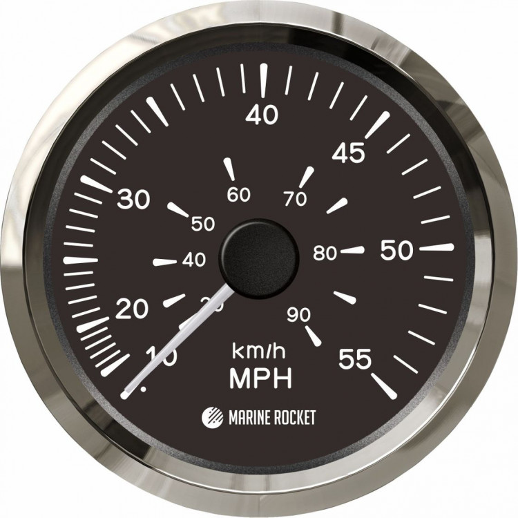 Спидометр манометрический 0-55 MPH, черный циферблат, нержавеющий ободок, д. 85 мм, Marine Rocket, арт. SMAM00055BSMR,          MARINE ROCKET 