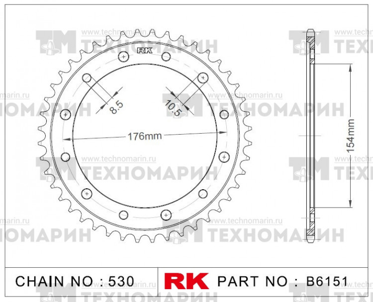 Звезда для мотоцикла ведомая B6151-43, арт. B6151-43,          RK Chains 