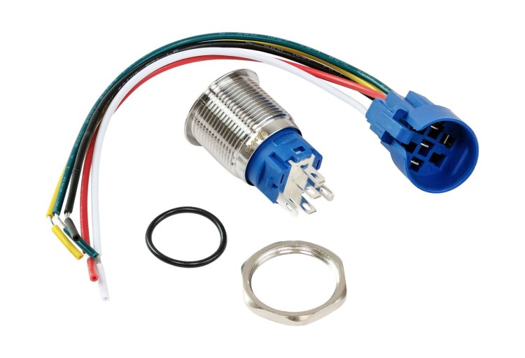 Кнопка с фиксацией в комплекте с контактным разъемом, 12/24 В 5А, OFF-ON 5P, D16 красная подсветка, арт. MR504KR,          Marine Rocket 