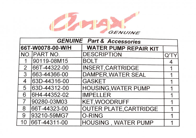 Ремкомплект помпы с корпусом Yamaha 40, арт. 66TW007800WH_OM,          OMAX 