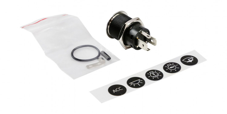 Кнопка с фиксацией, подсветка красная, наклейки, 12 В, 20А, 19мм, арт. PB4511TLR,          Yih Sean  Кнопка с фиксацией, подсветка красная, наклейки, 12 В, 20А, 19мм, арт. PB4511TLR,          Yih Sean