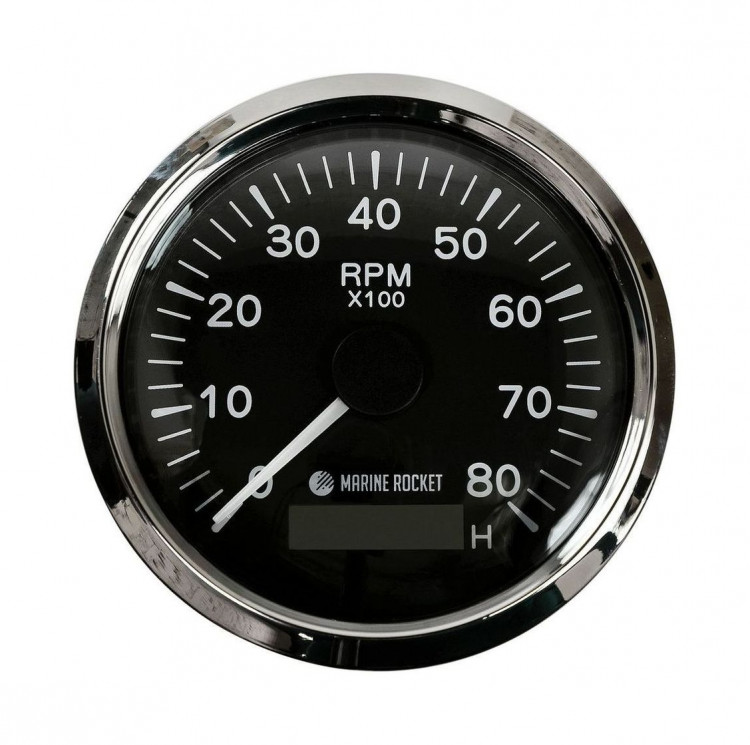Тахометр 0-8000 об/мин со счетчиком моточасов делитель 1-10, черный циферблат, черный ободок, арт. TM8010BBMR,          MARINE ROCKET 